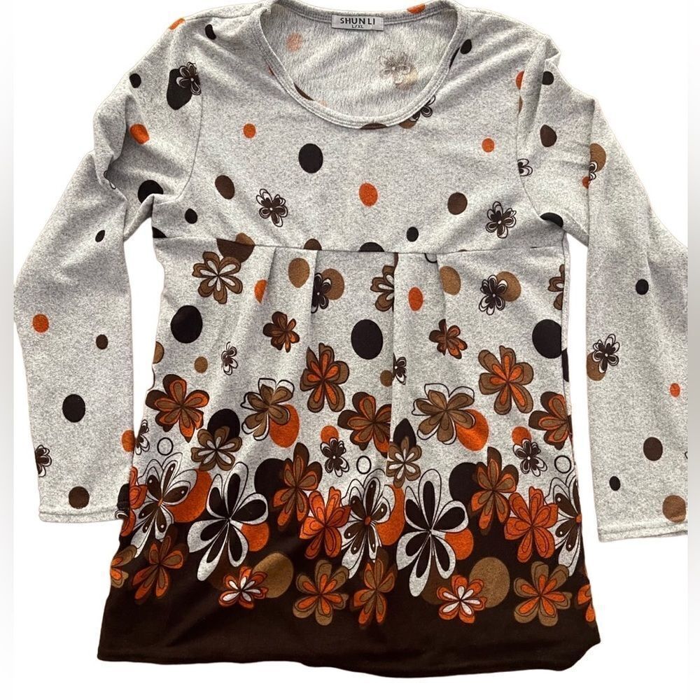 Shun Li grey floral long sleeve top retro mod look sz L cotton blend fall colors